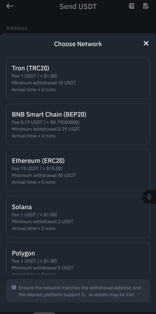 choose network in withdrawal