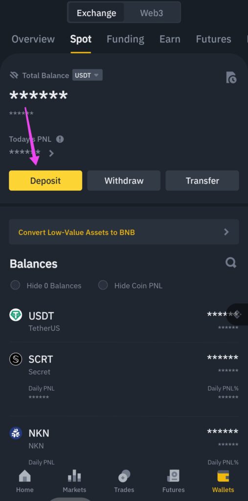 deposit crypto in Binance