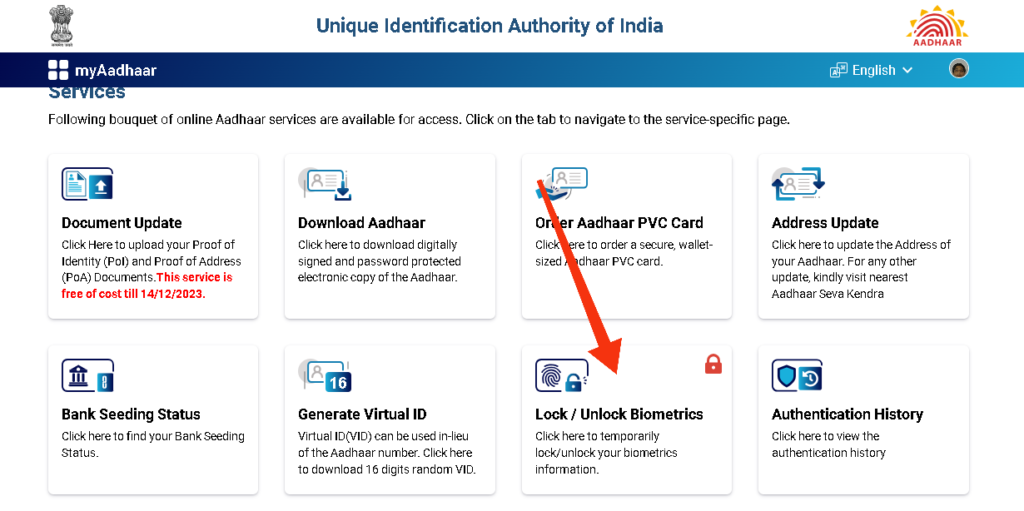 how to lock Aadhaar Biometrics